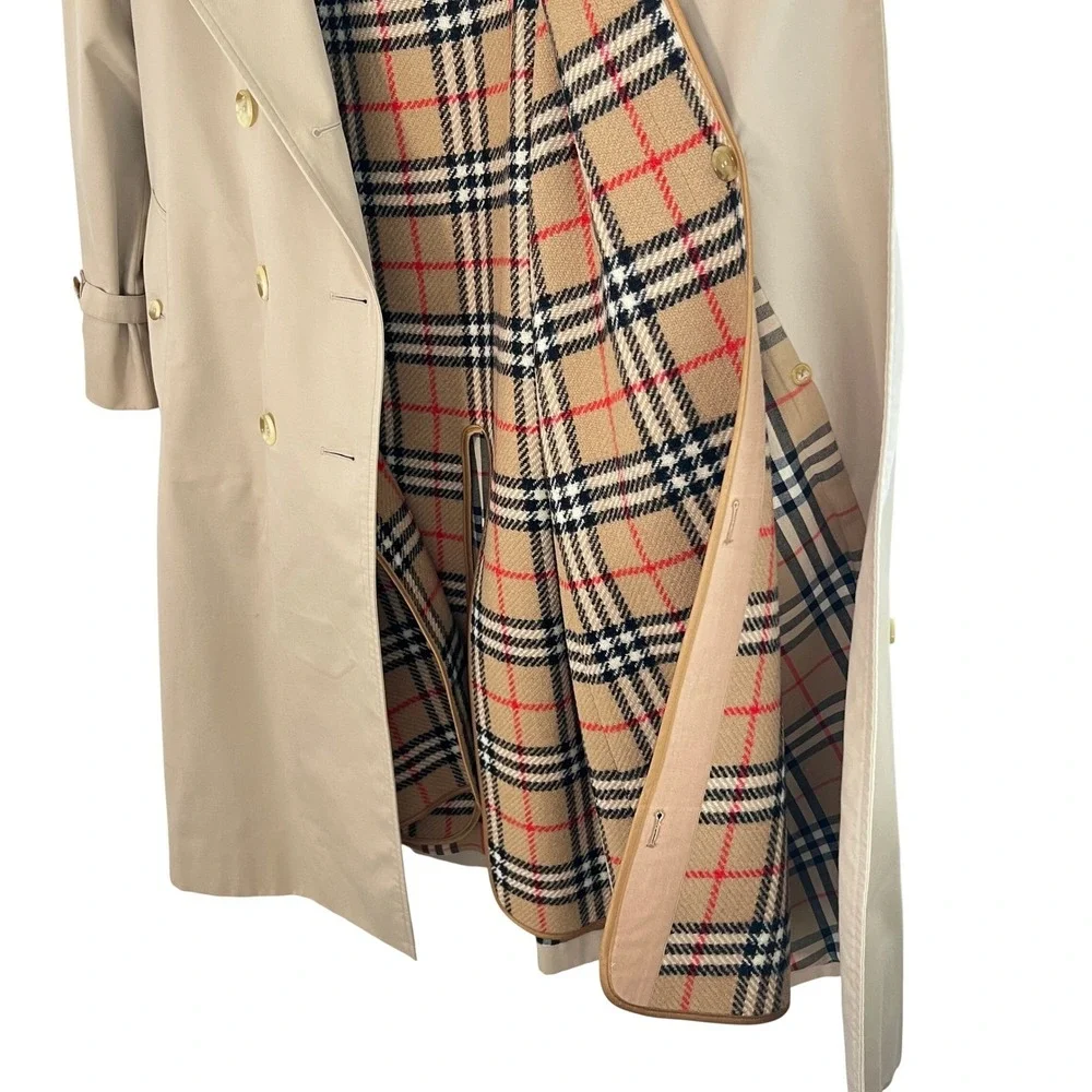 New‎ Burberry Vintage Trench Coat Beige Double Breasted Belted Check XS S - Picture 6 of 16